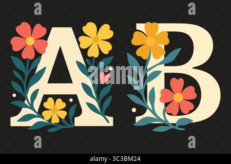Floral Alphabet Monogram Clipart A & B Letters with Decorative Flowers Stock Vector