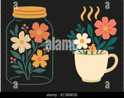 Boho Floral Jar & Teacup Clipart Cozy Home Decor Flowers in Mug & Mason Jar Stock Vector