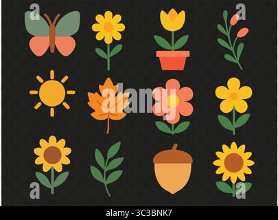 Folk Autumn Icons Minimal Fall Flowers, Leaves, Acorn, Butterfly & Sun Clipart Set Stock Vector