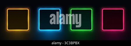 Collection of neon glowing square frames. Glowing frame with inner shadow. Orange, blue, green and red led fluorescent lasers isolated on black backgr Stock Vector