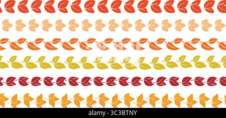 Colorful autumn foliate seamless dividers set. Leaves in row of red, orange, yellow, brown. Fall aesthetics decorative elements, vector graphic Stock Vector