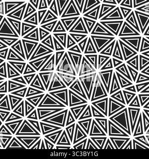 Abstract background with geometric mosaic shapes. Compact triangles size. Solid shapes in frames. Black and white style. Repeatable pattern. Stock Vector