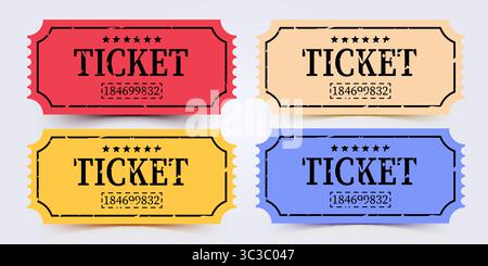 Vintage old ticket icons set. Retro ticket design template. Ticket for cinema, movie, circus, carnival, film, festival. Vector illustration Stock Vector