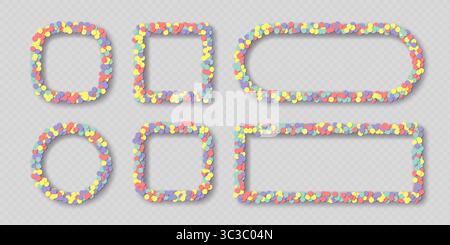 Collection of colorful frames consisting of multicolored round confetti with shadows isolated on a light background. Vector illustration. Stock Vector