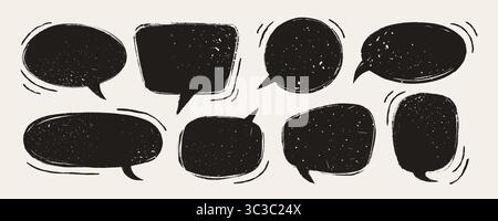 Speech bubble vector set in black on beige background with distressed texture. Hand drawn cartoon talk and speech elements. Great for comics, grunge Stock Vector