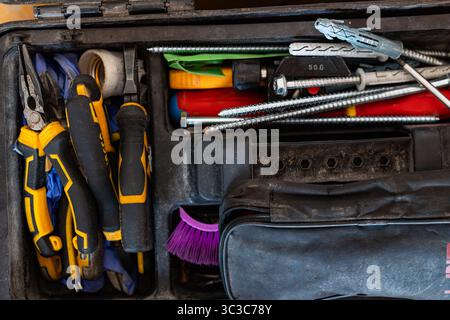 Toolbox with Assorted Hand Tools, Top View Stock Photo