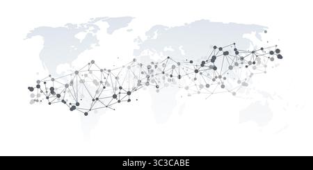 A stylized world map with a grid of polygonal network grid, nodes connected by lines, symbolizing global communication, data exchange, and digital con Stock Vector