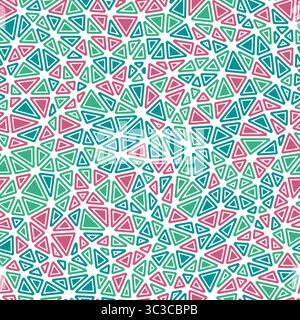Mosaic triangles shapes background. Rounded solid shapes in frames. Compact triangles size. Multiple colors style. Repeatable pattern. Stock Vector