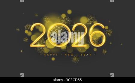 2026 Realistic Sparkler numbers, Vintage clock, and falling glitter. Vector illustration in 3D style Stock Vector