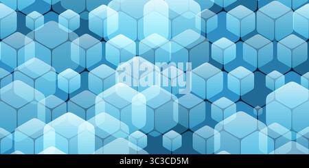 A geometric pattern of intersecting transparent cubes of various random sizes, featuring subtle blue and white gradients. The 3D effect adds depth, cr Stock Vector