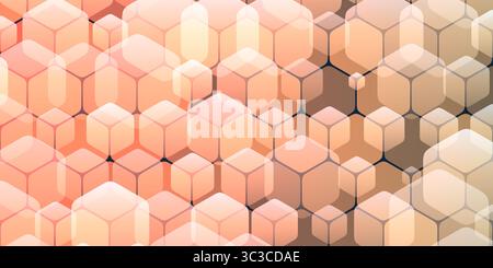 A geometric pattern of repeating cubes of various sizes on a hexagonal grid and with subtle orange and gray gradients. The 3D effect adds depth, creat Stock Vector