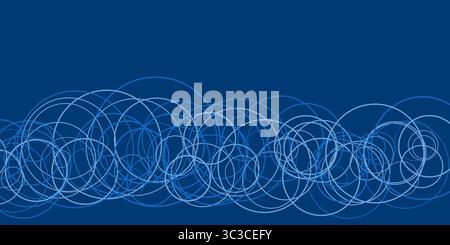 A blue abstract background showcases interconnected circles, forming a dynamic geometric pattern. The repeating shapes and uniform color create a visu Stock Vector