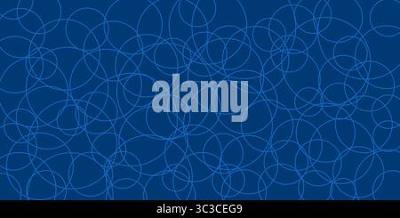 A blue abstract background showcases interconnected circles, forming a dynamic geometric pattern. The repeating shapes and uniform color create a visu Stock Vector