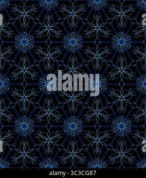 Geometric seamless pattern with curve lines. Magical illusion ornament. Blue gradient mandala on black background. Lace of delicate swirl. Monochrome Stock Vector