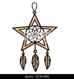 Star-shaped dreamcatcher vector illustration with three feathers, featuring a detailed mandala design and earthy tones, perfect for boho-chic or Nativ Stock Vector