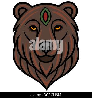 Mystical Brown Bear Vector Illustration: A stylized bear head with a third eye, featuring intricate linework and earthy tones, perfect for spiritual o Stock Vector