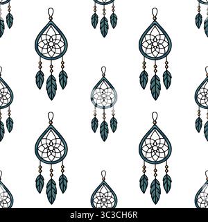 Seamless vector pattern of teal dream catchers with gold beads and feathers, a boho chic design perfect for textile prints, wallpapers, and surface pa Stock Vector