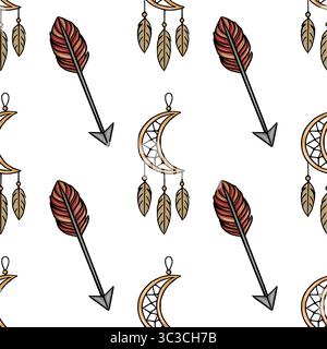 Seamless vector pattern with hand-drawn arrows, crescent moon dreamcatchers, and decorative feathers in warm earthy tones, creating a bohemian and tri Stock Vector