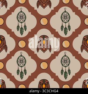 Seamless vector pattern featuring stylized eagle heads and dream catchers, set against a geometric background of earthy tones, creating a mystical and Stock Vector