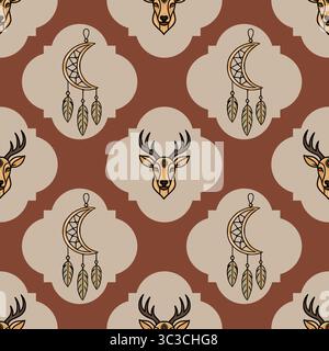 Seamless vector pattern with stylized deer heads and crescent moon dreamcatchers, featuring a unique terracotta and beige color palette and geometric Stock Vector