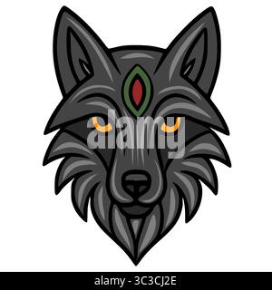 Mystical Vector Illustration of a Wolf Head with a Third Eye, Featuring Intricate Linework and a Dark Color Palette. Stock Vector