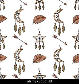 Seamless vector pattern with boho chic elements: crescent moon dreamcatchers, star dreamcatchers, arrows, and feathers in earthy tones, perfect for te Stock Vector