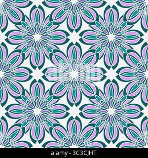 Floral geometrical seamless pattern. Green purple floral elements on light grey background. Plant ornate mandala vector design. Geometry folk round el Stock Vector