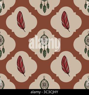 Seamless vector pattern with dream catchers and feathers in terracotta and beige colors, featuring a unique cloud-like geometric design. Stock Vector