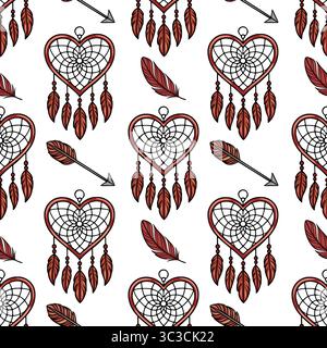 Seamless vector pattern featuring heart-shaped dreamcatchers, adorned with maroon feathers and complemented by stylized arrows, creating a captivating Stock Vector