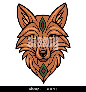 A stylized vector illustration of a fox head, featuring intricate linework, earthy tones, and geometric accents, ideal for logo design or mystical the Stock Vector