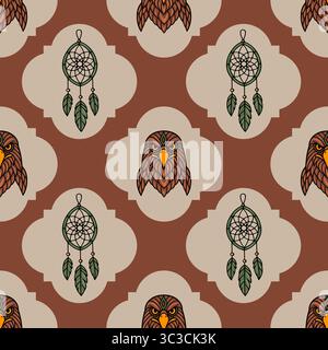 Seamless vector pattern featuring intricately detailed eagle heads and dream catchers, set against a sophisticated brown and beige geometric backdrop, Stock Vector