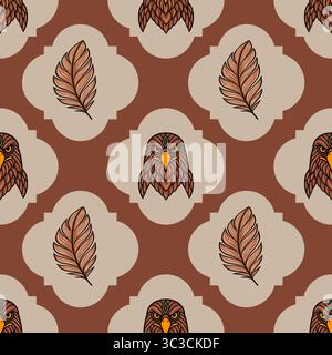 Seamless vector pattern with stylized eagle heads and feathers in earthy tones, featuring a unique geometric design and repeating motif ideal for text Stock Vector