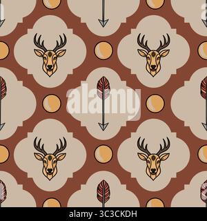 Seamless vector pattern with stylized deer heads, arrows, and circles in earthy tones, creating a mystical and geometric design perfect for textile, w Stock Vector