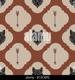 Seamless vector pattern featuring stylized wolf heads and arrows, set against a backdrop of earthy brown and beige tones, creating a unique tribal-ins Stock Vector
