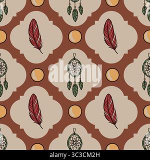 Seamless vector pattern featuring red feathers and green dreamcatchers on a terracotta and beige background, creating a boho-chic aesthetic. Stock Vector