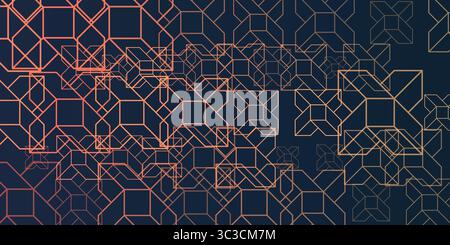An abstract geometric background featuring an intricate pattern of interconnected lines and polygons in warm, metallic tones on a dark background, sug Stock Vector
