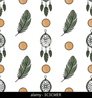 Seamless vector pattern featuring dream catchers, feathers, and circles in muted green and orange tones, ideal for bohemian or spiritual design projec Stock Vector
