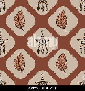 Seamless vector pattern featuring stylized dreamcatchers in star shapes and elegant feathers, set against a chic terracotta and beige background, idea Stock Vector