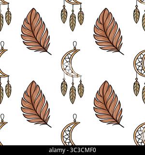 Seamless vector pattern featuring stylized brown feathers and crescent moon dream catchers, creating a bohemian, earthy aesthetic perfect for textile Stock Vector