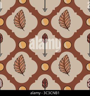 Seamless vector pattern with stylized feathers, arrows, and circles in earthy tones, creating a unique bohemian design perfect for textile prints or w Stock Vector