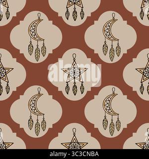 Seamless vector pattern with boho dreamcatchers in star and crescent moon shapes, adorned with feathers, set against a terracotta and beige background Stock Vector