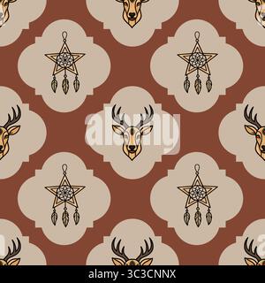 Seamless vector pattern with stylized deer heads and star dreamcatchers, featuring a unique terracotta and beige color palette, ideal for boho-chic te Stock Vector