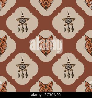 Seamless vector pattern featuring stylized fox heads and star dreamcatchers, arranged in a repeating geometric design with earthy tones and intricate Stock Vector