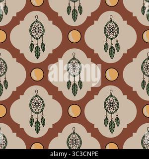 Seamless vector pattern featuring dreamcatchers and moons in earthy tones, perfect for textile design or bohemian-style backgrounds. Stock Vector
