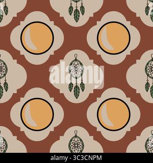 Seamless vector pattern featuring dreamcatchers and stylized moons in a terracotta and beige palette, exhibiting a boho-chic aesthetic. Stock Vector
