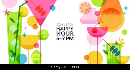 Multicolor horizontal banner with fresh summer tropical cocktails and abstract shapes. Vector illustration with empty space. Background for party flye Stock Vector