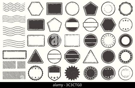 Retro Grunge postage Stamps frames vector shape set. Black postal round and square empty stamp border pack. Blank post Stamp template grunge ink rubbe Stock Vector