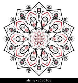 Black and red mandala vector illustration. Ornamental round lace ornament. Floral Indian ornaments for print. Ethnic colorful ornament on transparent Stock Vector