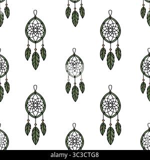 Seamless vector pattern featuring hand-drawn dream catchers with olive-green hoops and three detailed feathers, adorned with small golden beads, set a Stock Vector