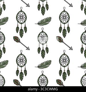Seamless vector pattern featuring dreamcatchers, arrows, and feathers in a muted green palette, ideal for textile design or boho-style backgrounds. Stock Vector